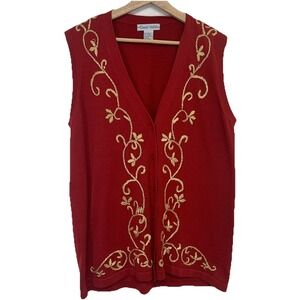 David Hollis Sweater Vest Woman Red Scroll Embroidery Large Button Front Casual